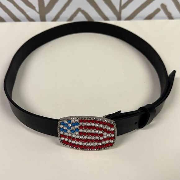 Steve Madden Rhinestone Flag Black Leather Belt SZ M Perfect for July 4th - Picture 1 of 4